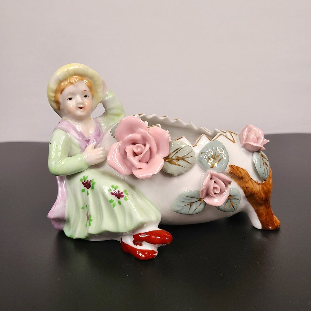 Vintage Ceramic Planter with large egg, girl, and applied pink flowers